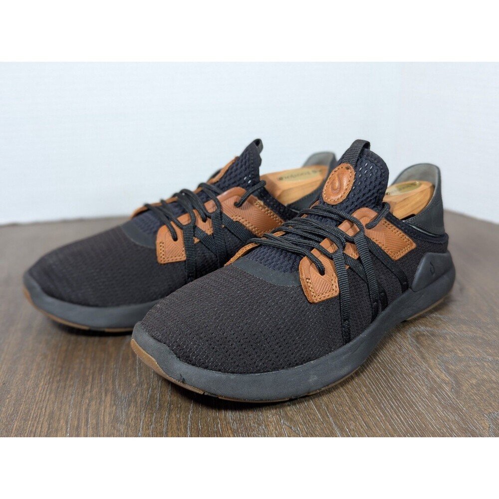 Olukai Mio Li Lace Up Sneakers Mens 8 Black Mesh Brown Leather Athleisure Logo